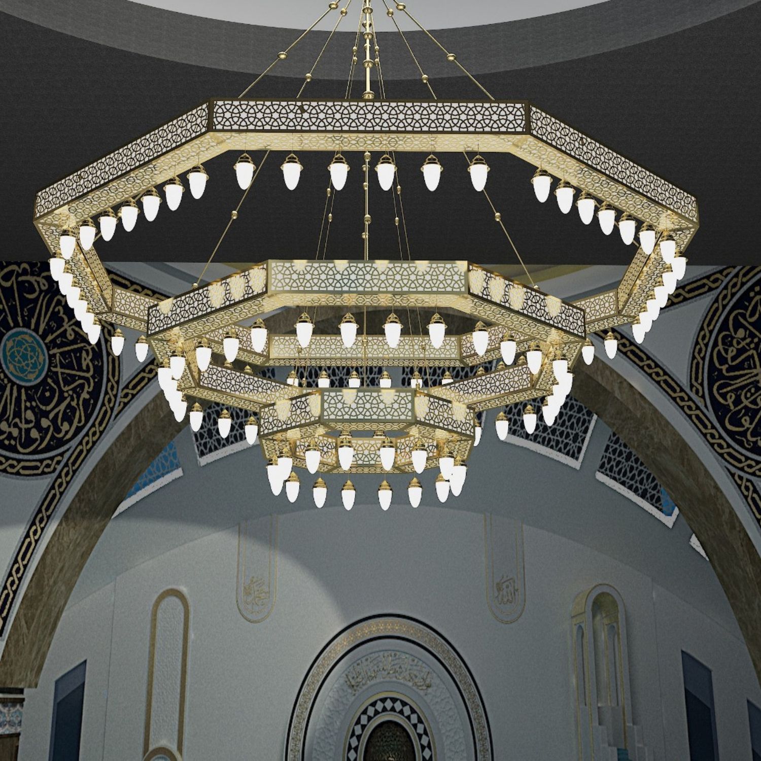 Kubbe altında beş kademeli Selçuklu 8 Gen kutulu cami avizesi