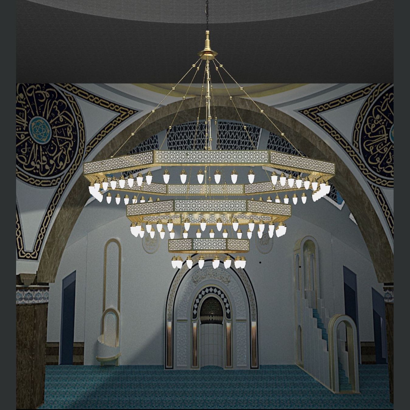 Beş kademeli Selçuklu 8 Gen kutulu cami avizesi mihrap yönünden görünüm, caminin ana hacmine göre ölçeği