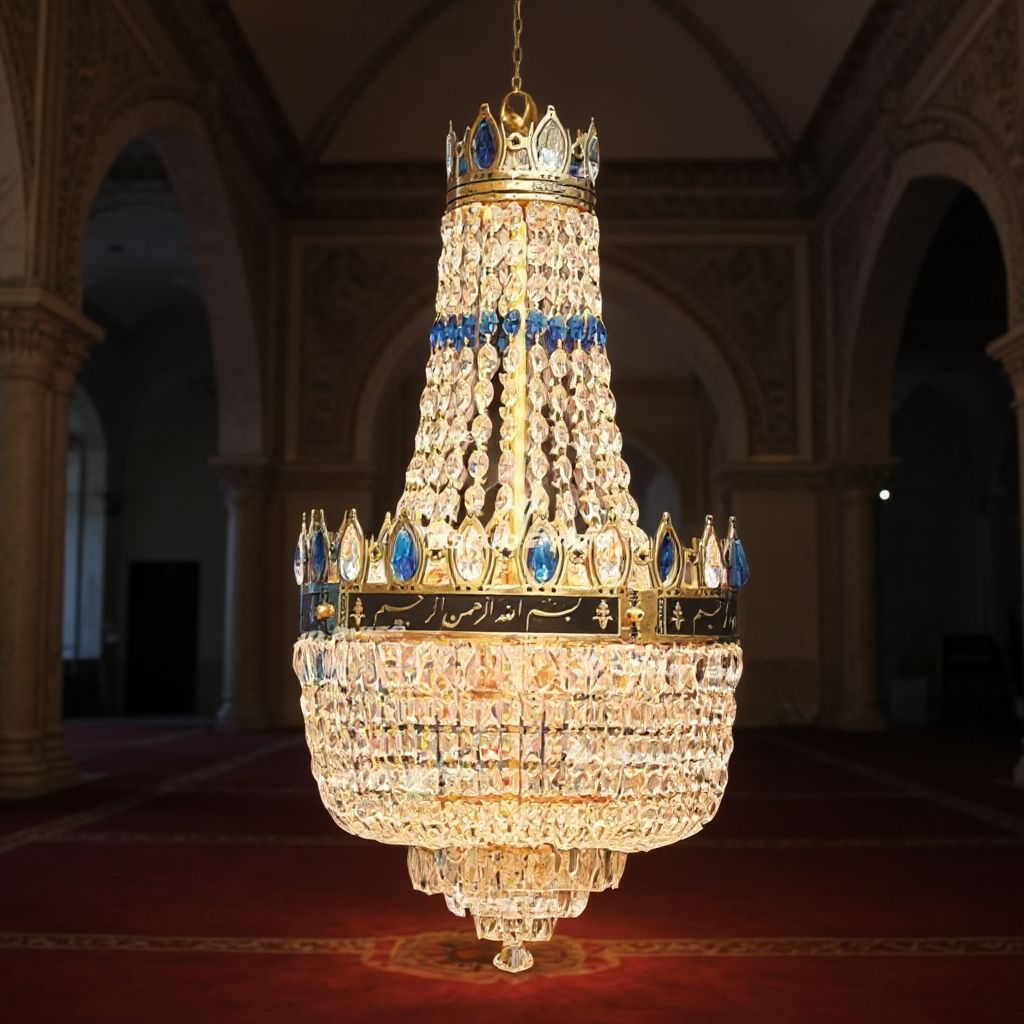 Besmele kuşaklı taçlı kristal cami avizesi