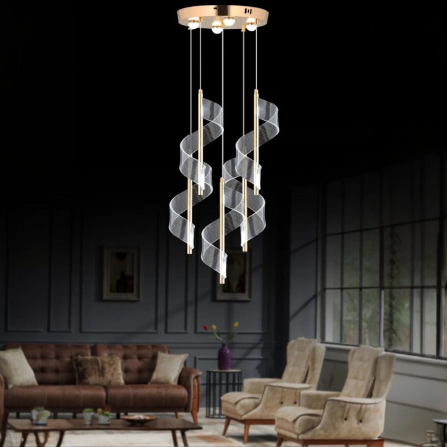 Modern spiral sarkıt avize, salon oturma odasında
