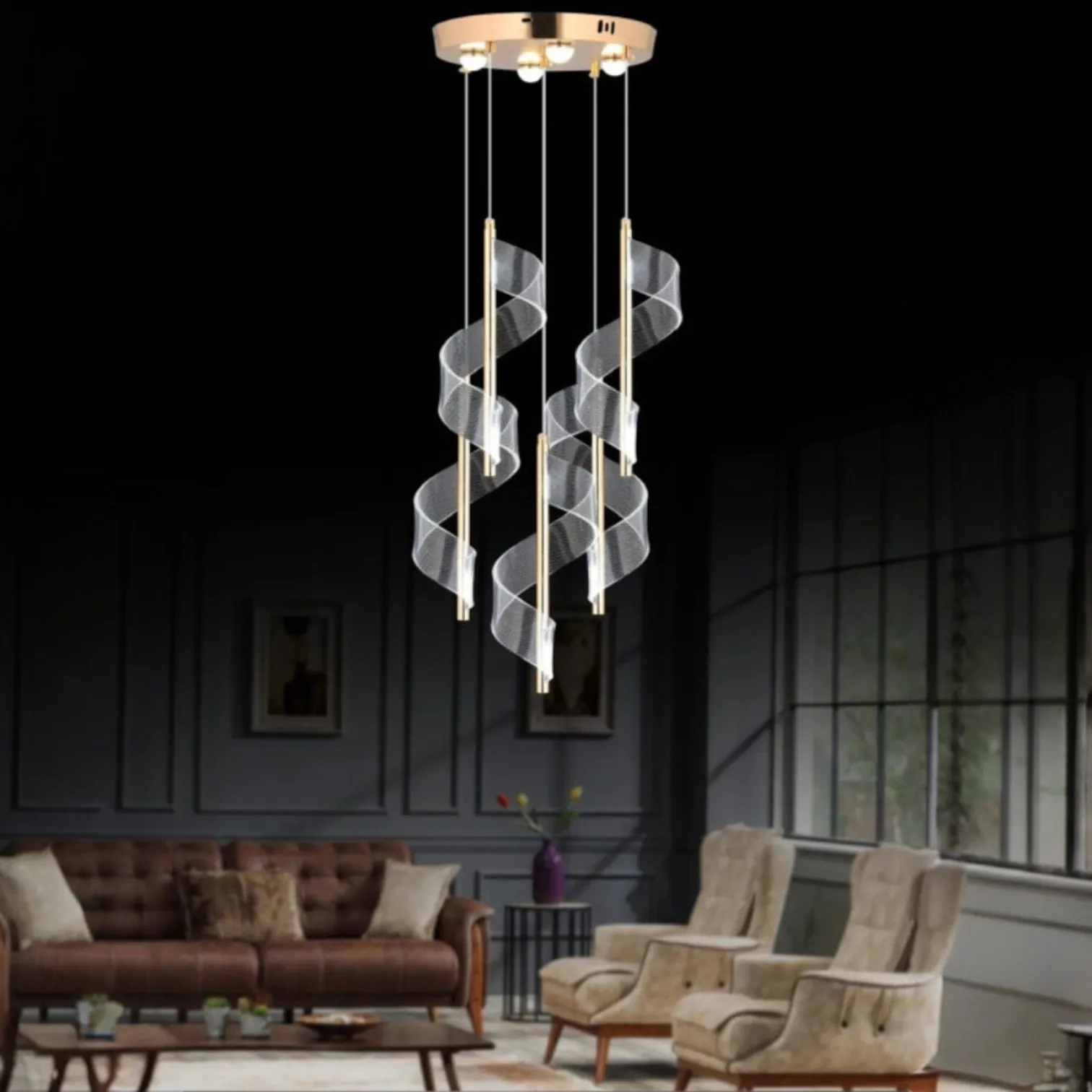Modern spiral sarkıt avize, salon oturma odasında