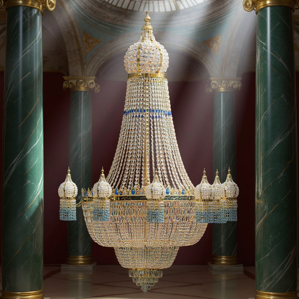 Mavi taşlı soğan kubbe başlıklı kristal cami avizesi