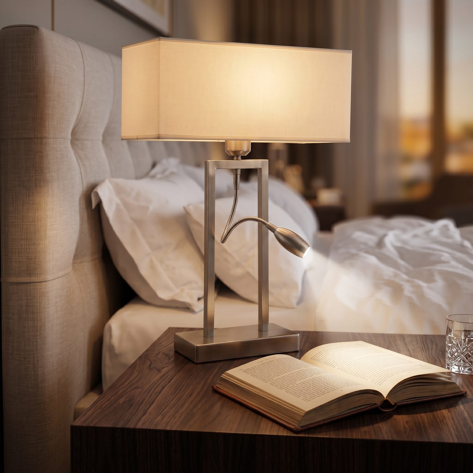 Otel başucu okuma ışıklı abajur, komodin üzerinde