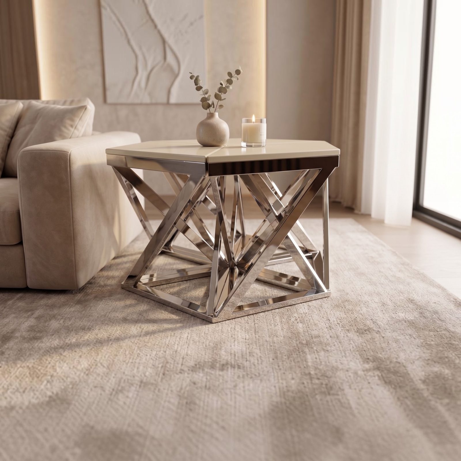 Krem lake tablalı paslanmaz çelik geometrik otel yan sehpası