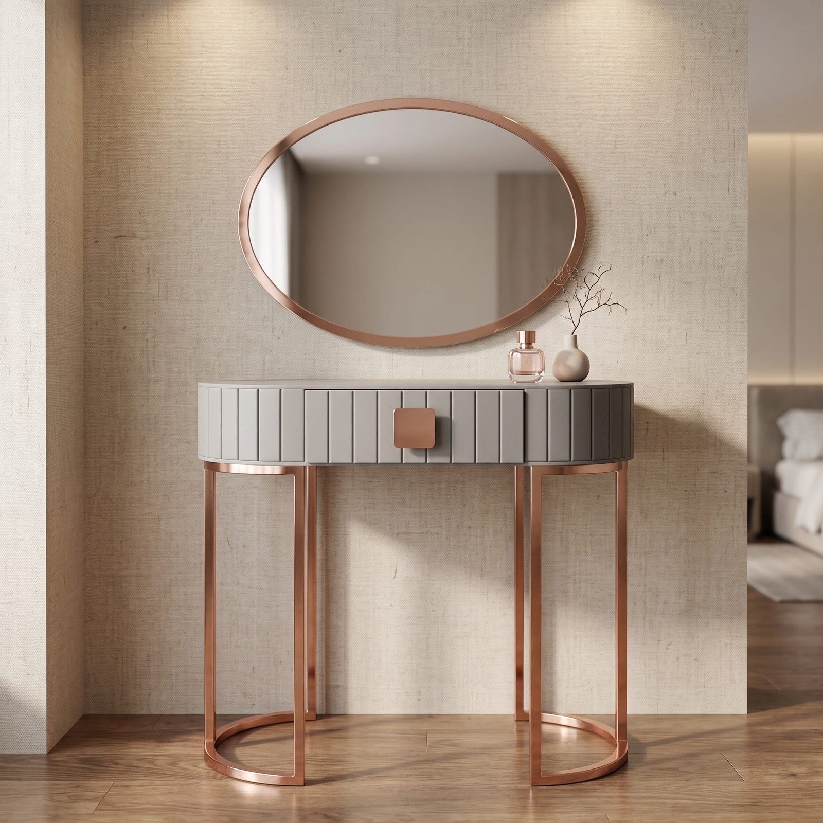 Rose gold oval aynalı otel makyaj masası dekoratif görsel