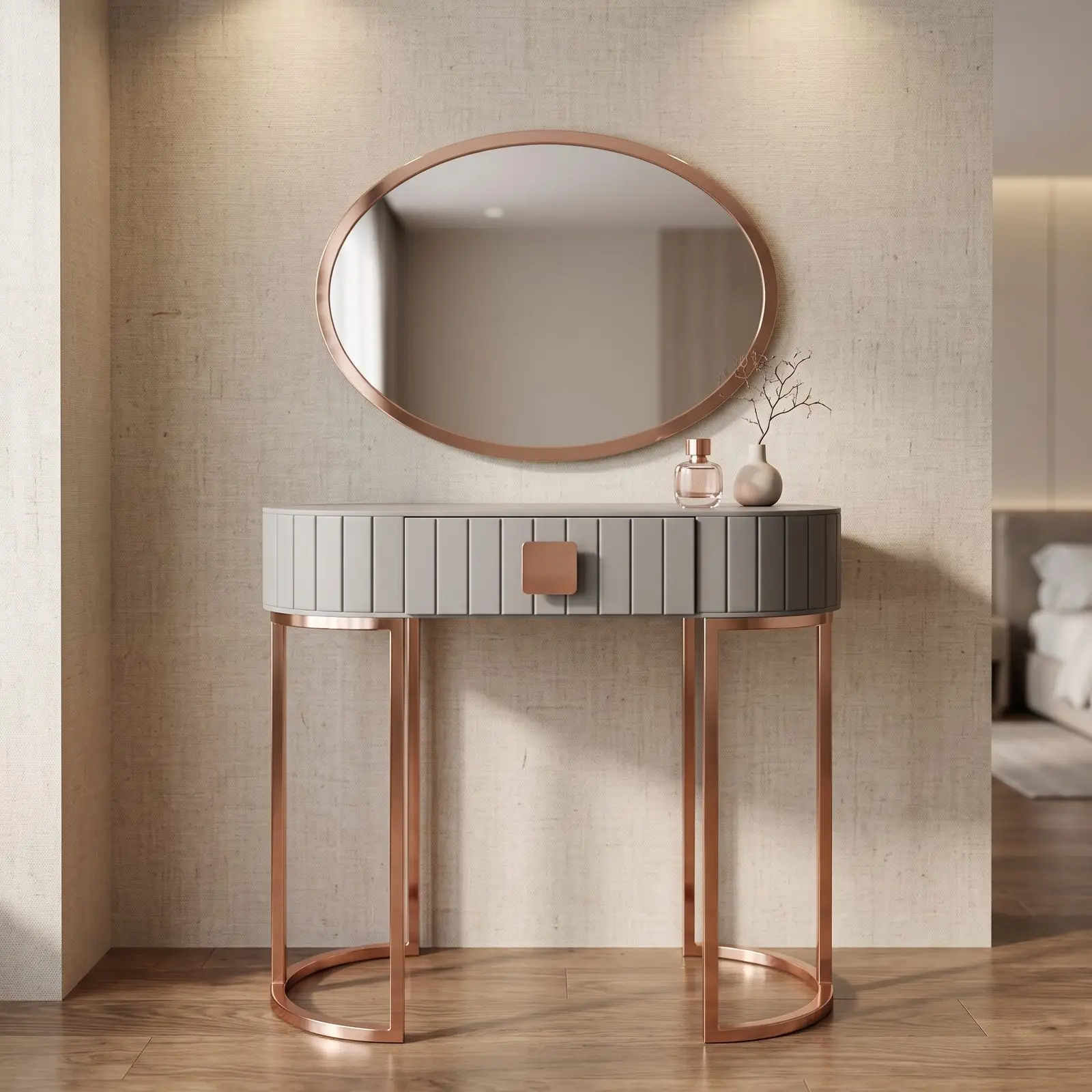 Rose gold oval aynalı otel makyaj masası dekoratif görsel