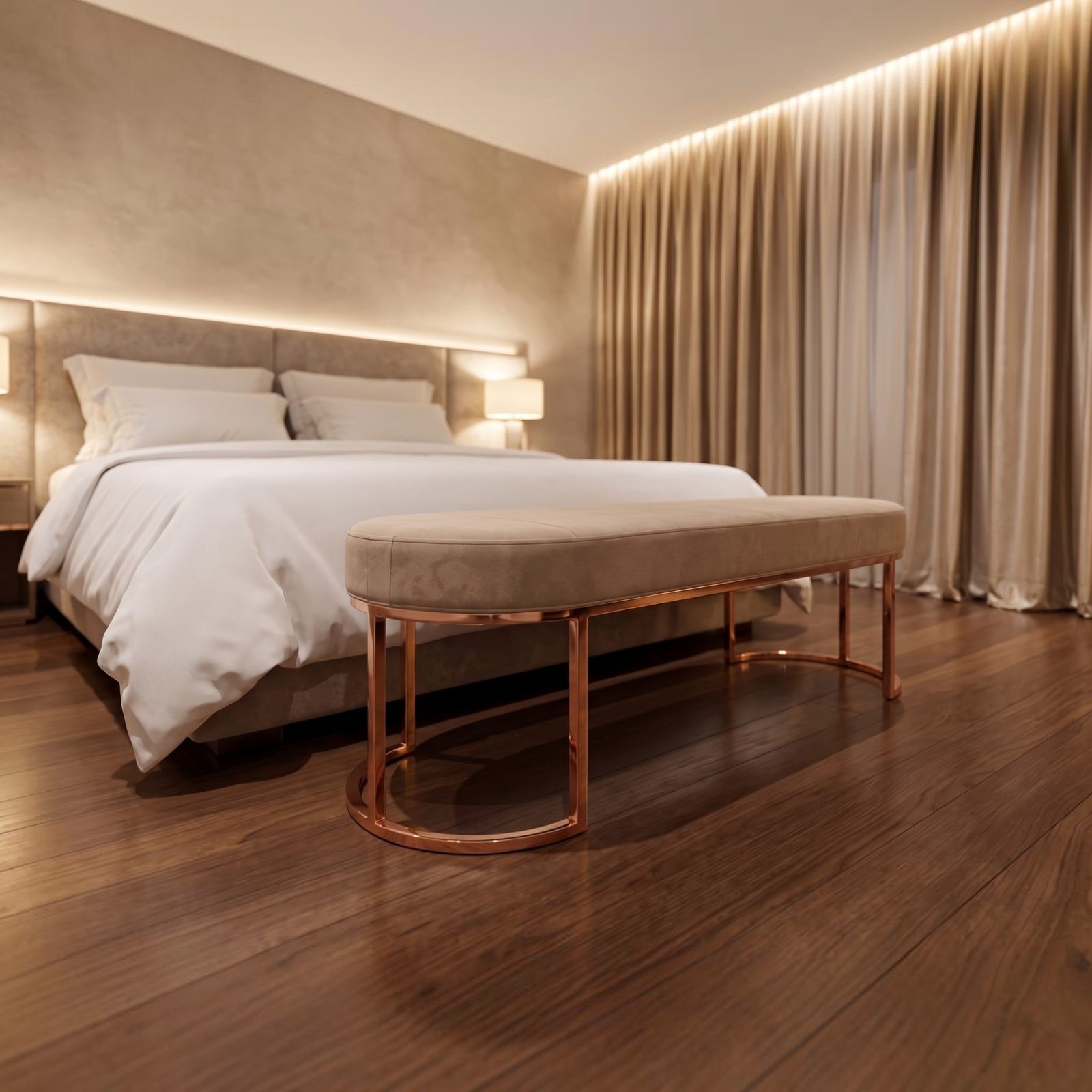 Otel odasında yatak ucunda rose gold ayaklı süet bench