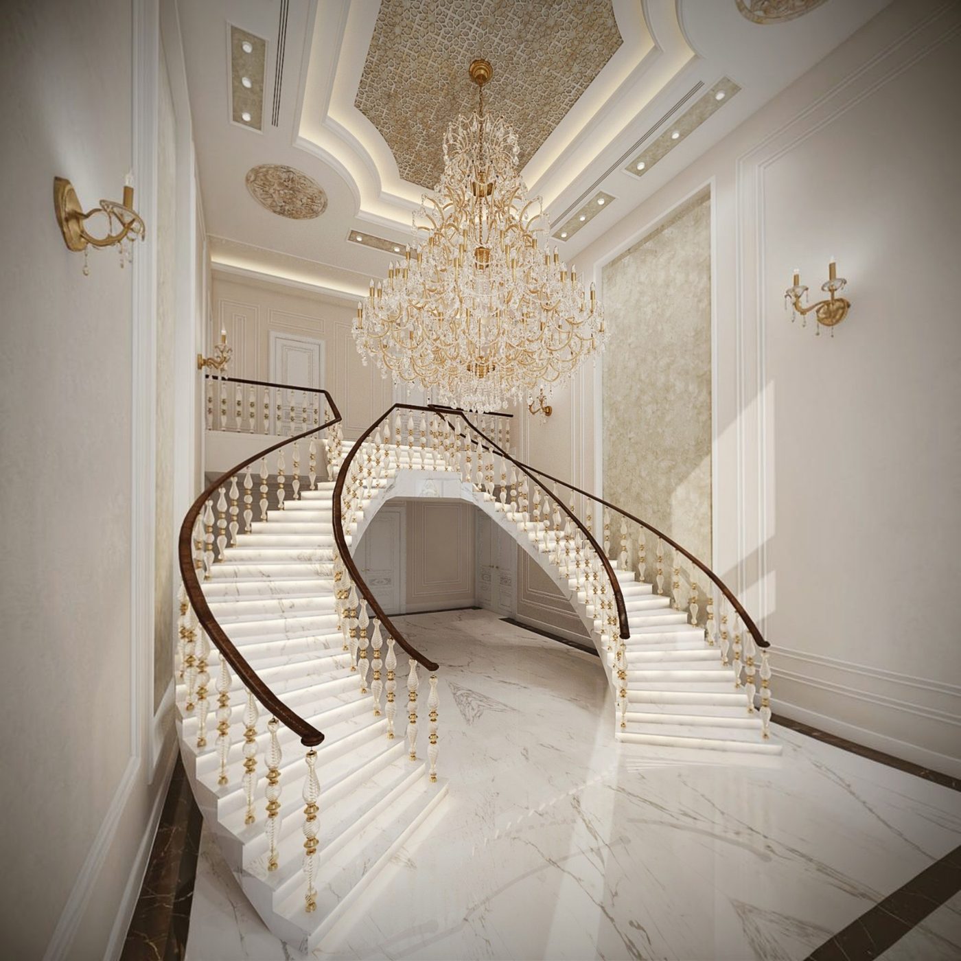 Villa holünde kristal pirinç küpeşte, kavisli merdiven hattı