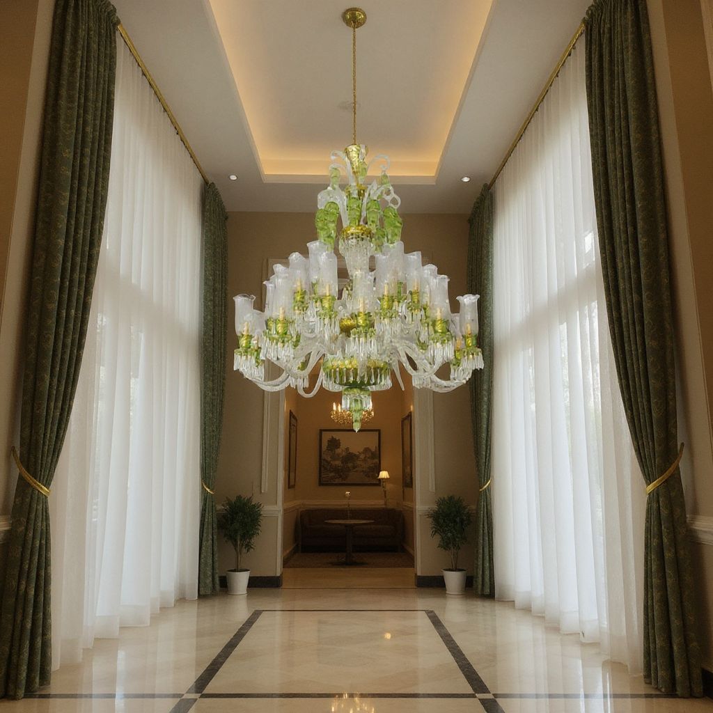Otel lobisinde yeşil cam çiçekli cam kollu Osmanlı avize