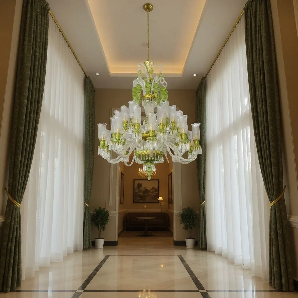 Otel lobisinde yeşil cam çiçekli cam kollu Osmanlı avize