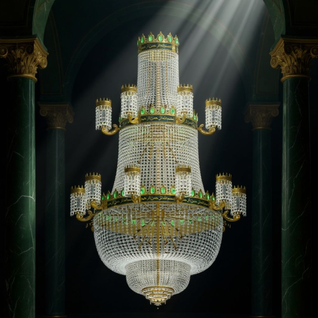 Zümrüt taşlı ayet kuşaklı kristal cami avizesi